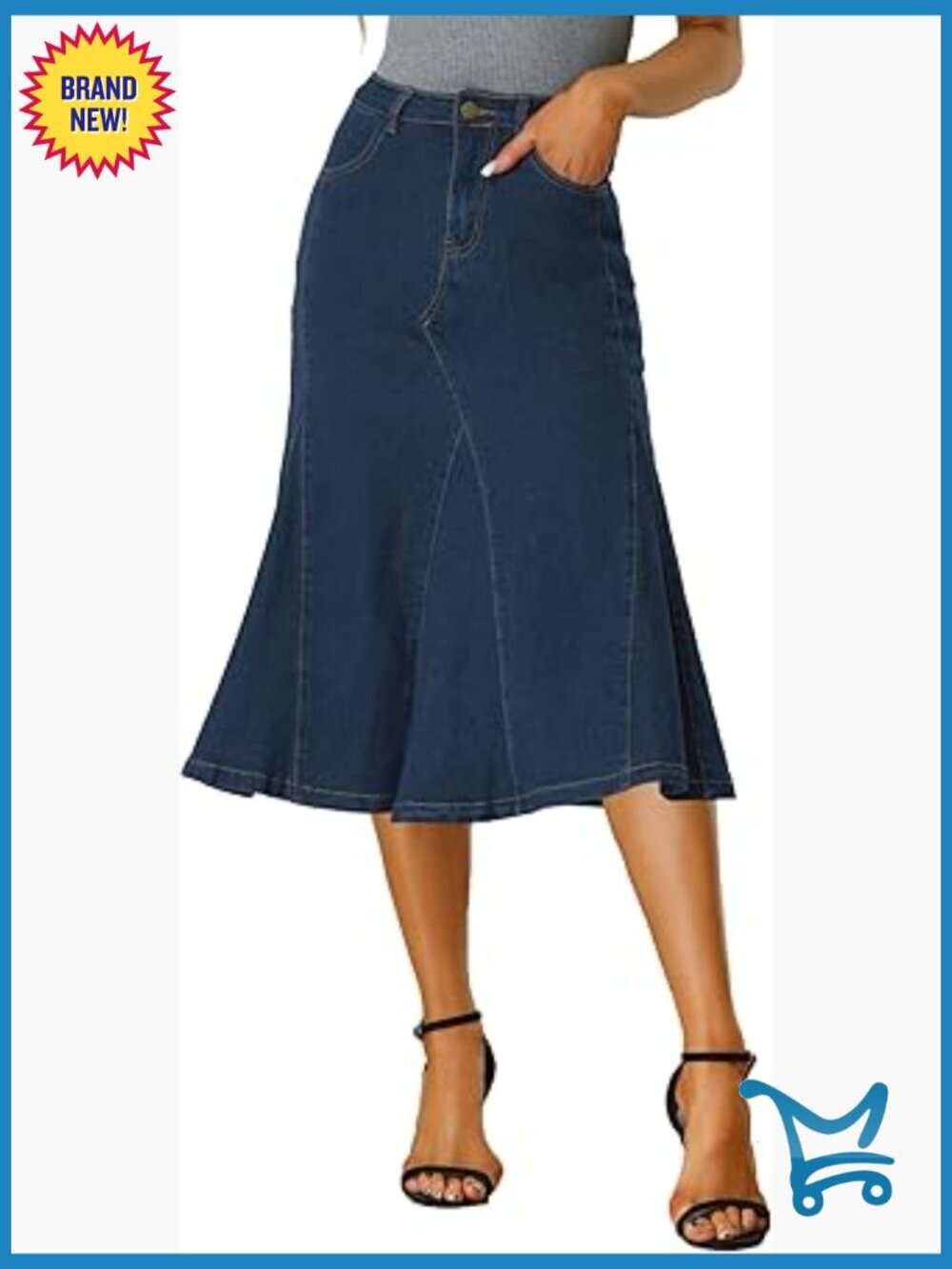 High Waisted Denim Midi Skirt A-Line Flared Casual